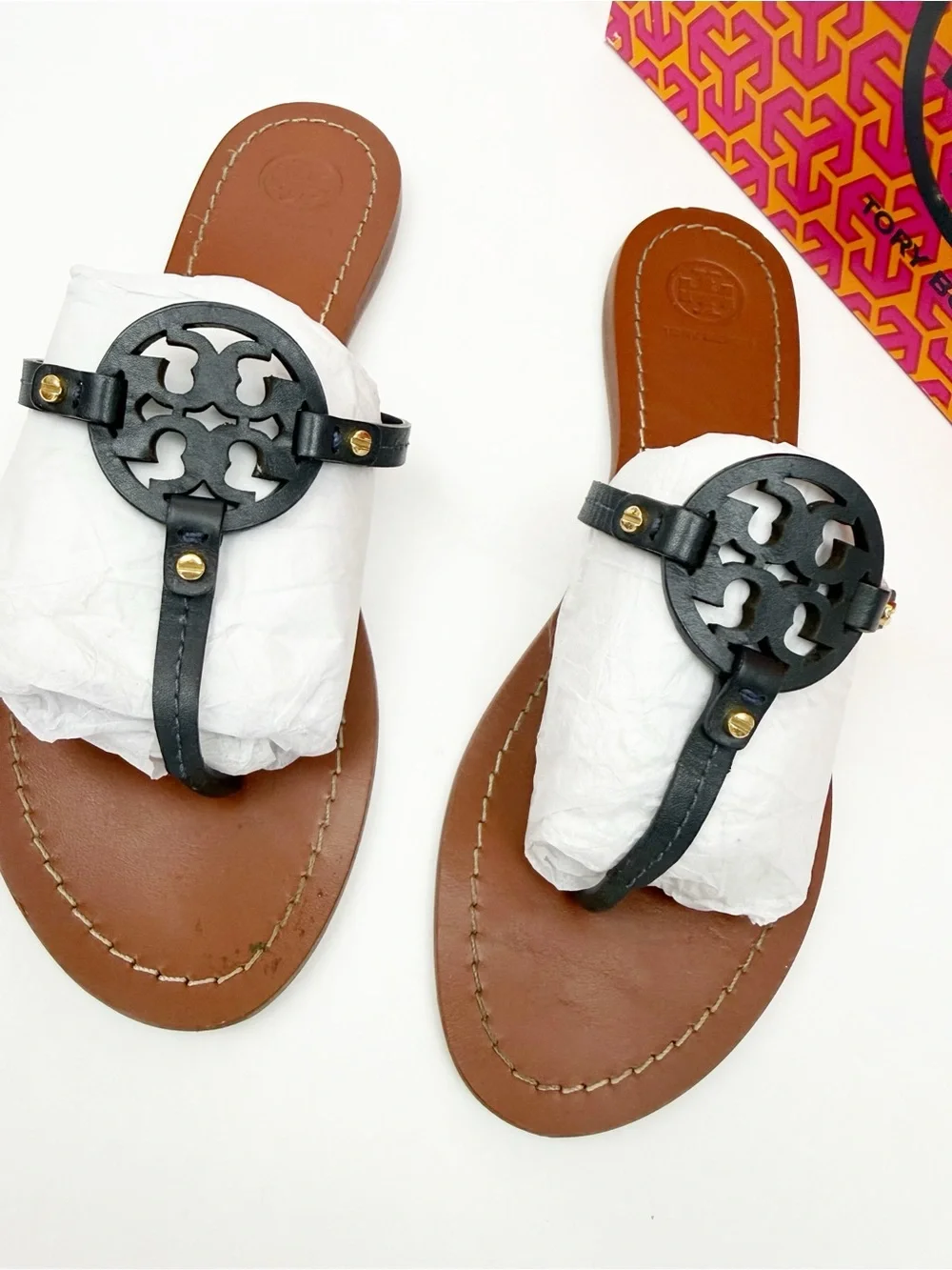 Tory Burch Gabriel Flat Tong Sandals Bright Navy Blue Veg Leather